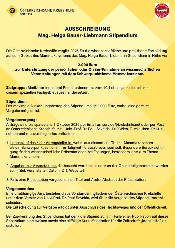 Asschreibungstext des Bauer-Liebmann-Stipendiums